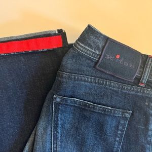 Kiton dark blue wash five pocket Japanese denim.